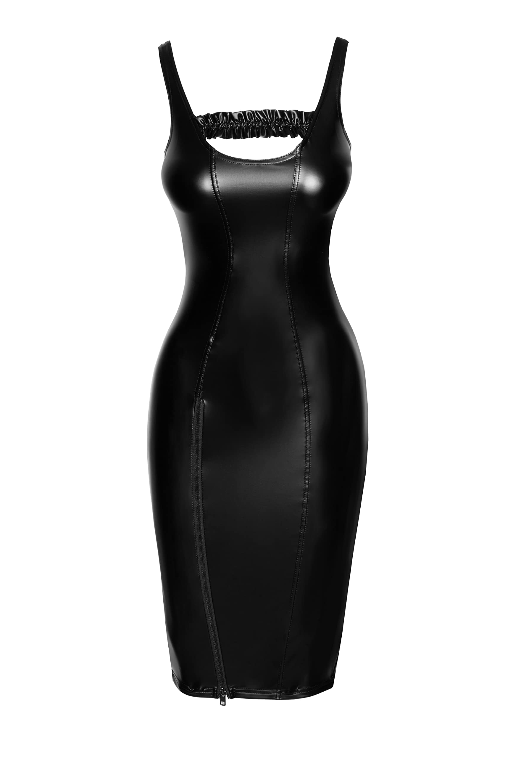Noir Handmade Wetlook Kleid geschlitzt in schwarz mit Reißverschluss Knielang Damen Dessous Schlauchkleid matt