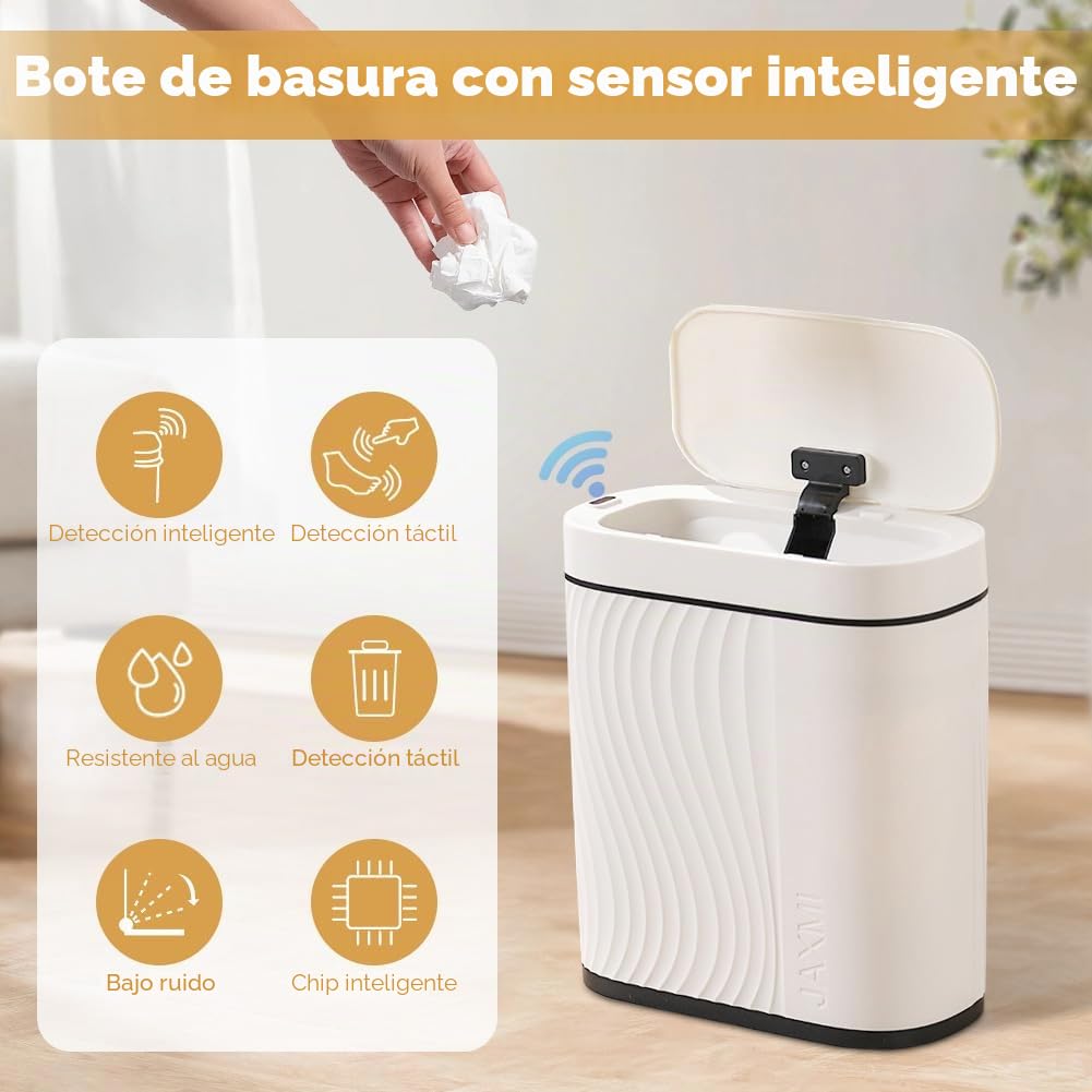Cubo de Basura para Baño y Habitación 8L, Cubo de Basura Anti Olor Automático con Sensor, Para Baño y Cocina, Blanco