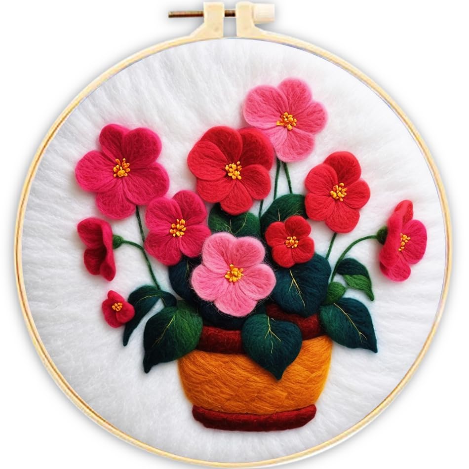 ABEUTY Needle Felting Kits Picture for Beginners Adults, Grandma Flowers Lady DIY Wool Felt Painting Starter Kit with Embroidery Hoop and Tools for Home Decor (Potted)