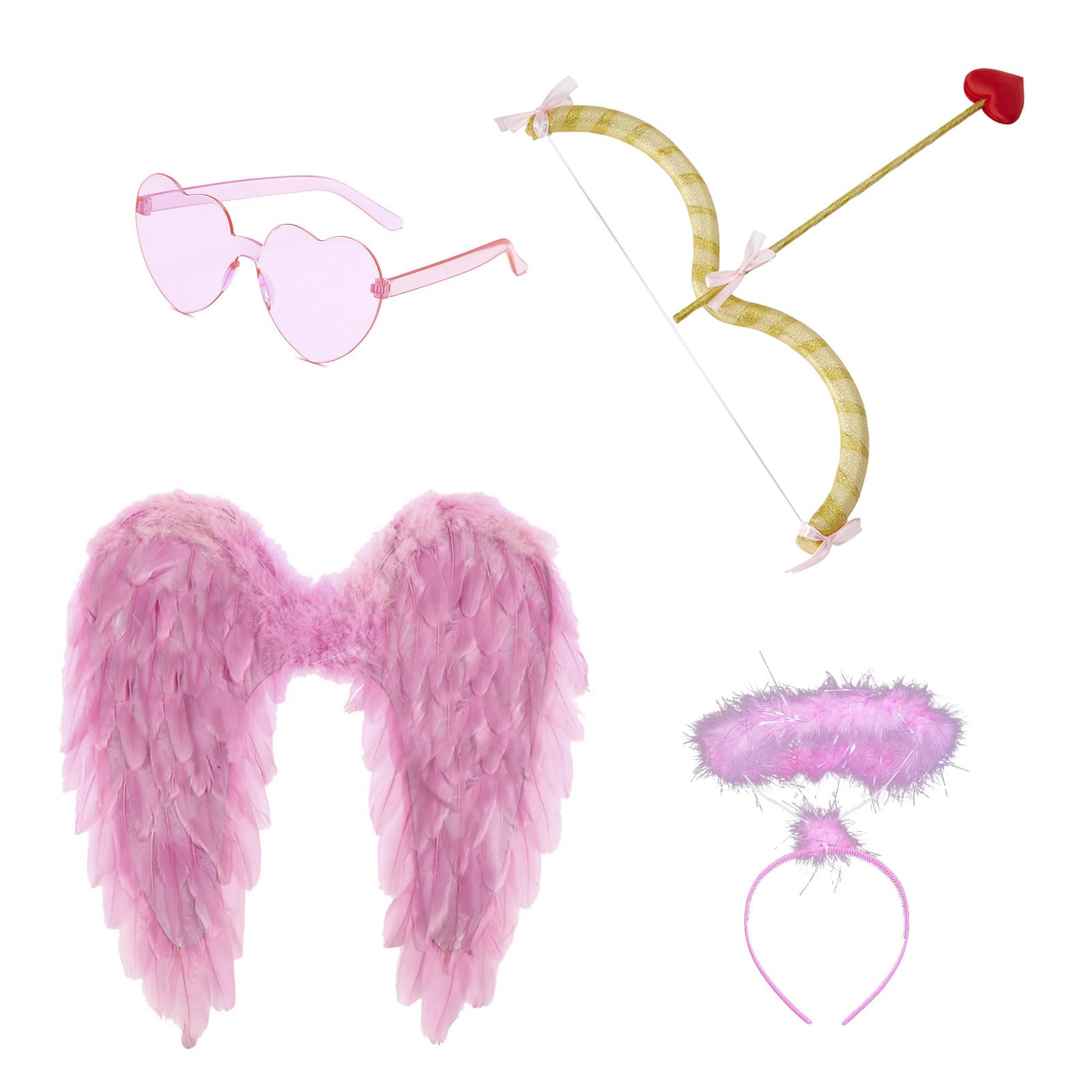 4 Pcs Halloween Valentines Day Cupid Bow and Arrow Feather Wings Headwear Heart Rimless Sunglasses Costume Set (Pink, Adult)