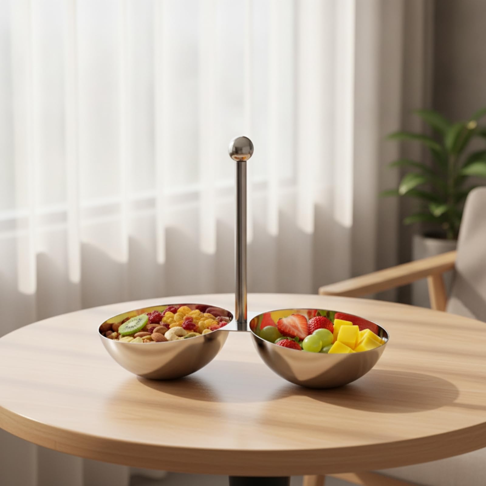 Serviertablett Snackschale Servierplatte Servierschale Edelstahl 3 Fächer Gegen Geschmacksvermischung Griff Und Standfuß Polierte Oberfläche für Zuhause Bar KTV, 3-Grid L 27-24cm