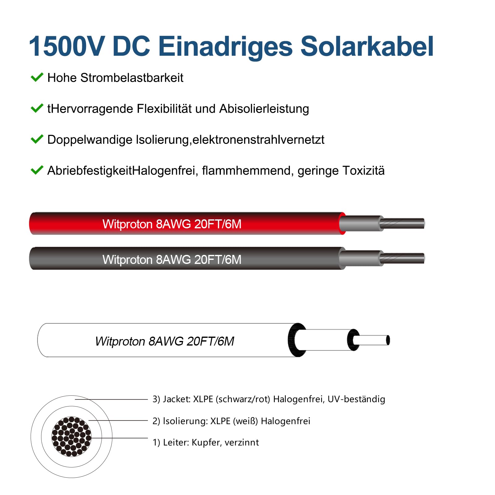 Solarkabel Verlängerung 10mm² 6m 8AWG Flexibel PV Solar Kabel, 1500V Solarpanel Verlängerungskabel mit Wasserdichtem IP67 Photovoltaik Kabel Stecker(6m 10mm2)