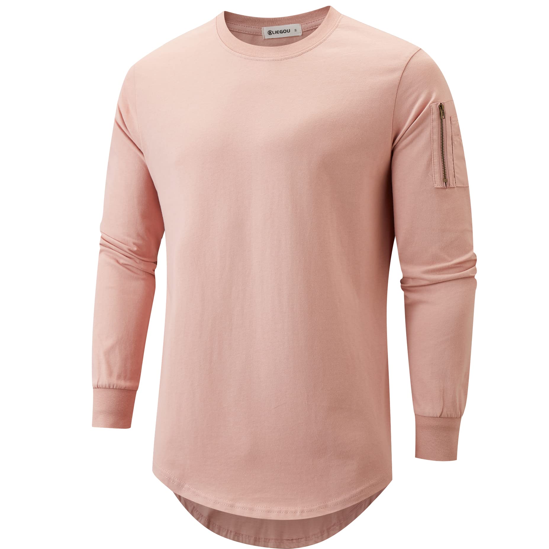 KLIEGOU Mens 100 Cotton Crewneck Pre-Shrunk Shirts Hipster Hip Hop Longline Long Sleeve T Shirt