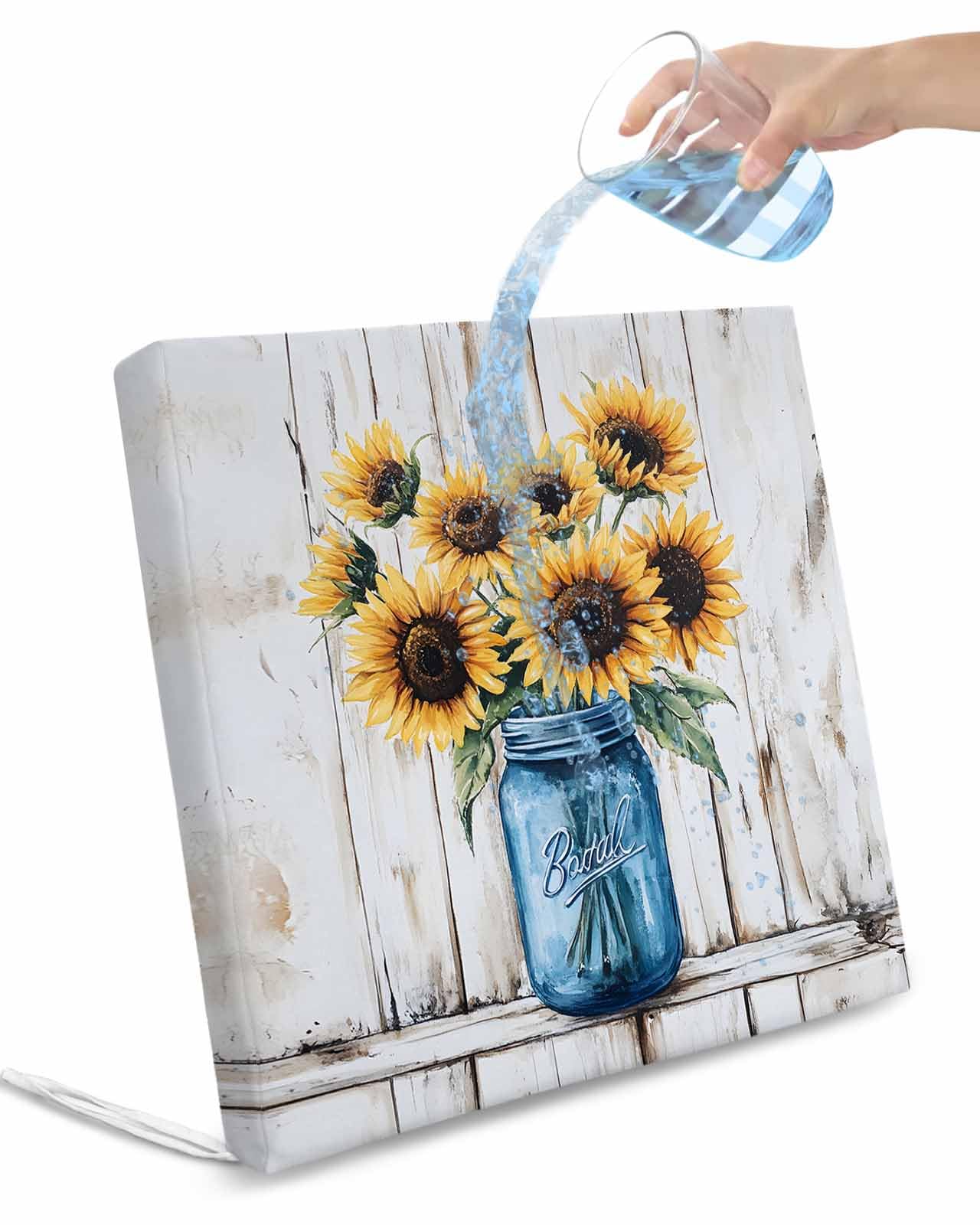 2 Pack Sunflower Waterproof Cushion Covers with Ties, Outdoor Patio Chaise Lounge Chair Seat Cushion Slip Covers Replacement(Only Cover) Summer Flower Plant White Wooden Plank 22