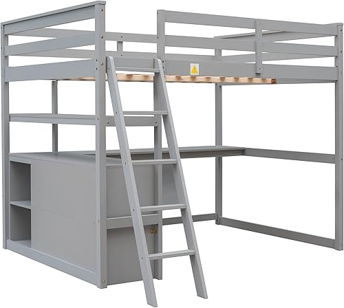 Miniatura 59 de Cama alta funcional tamaño individual con 2 cajones y 2 armarios, base de cama de madera maciza con barandilla de seguridad y escalera de