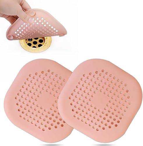 Recolector de cabello cuadrado con ventosas para desagüe, tapón de silicona para ducha, fácil de instalar para baño, tina y cocina, 2 unidades (rosa)