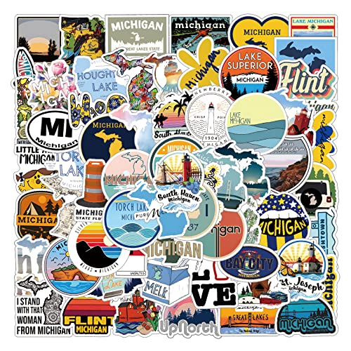 63Pcs Michigan Aesthetic Stickers Pack USA State Great Lakes Travel Vinyl Waterproof Sticker Decals for Water Bottle Laptop Phone Scrapbooking Luggage Suitcase