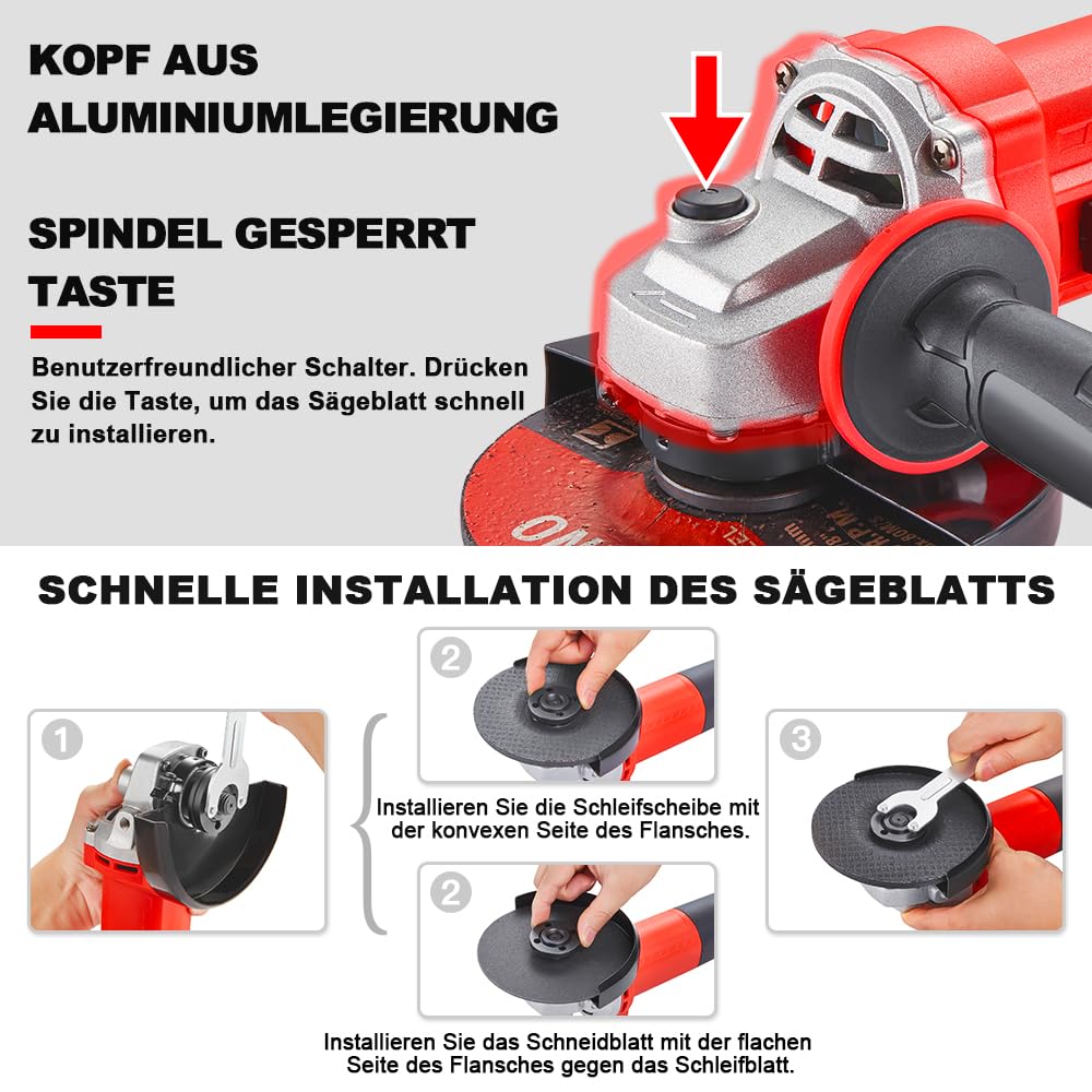 TEENO Winkelschleifer 1000W 2000-12000 U/min Mit 20 Zubehörteilen, Profi-Winkelschleifer Mit Werkzeugtasche,125mm Scheiben, Zum Trennen und Schleifen, Polieren, Metall, Holz, Keramik, Stein