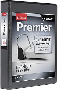 Cardinal 3 Ring Binder, 1.5 Inch Premier Easy Open Binder, ONE-TOUCH Locking Slant-D Rings, 400-Sheet Capacity, ClearVue Cover, PVC-Free, Black 10311