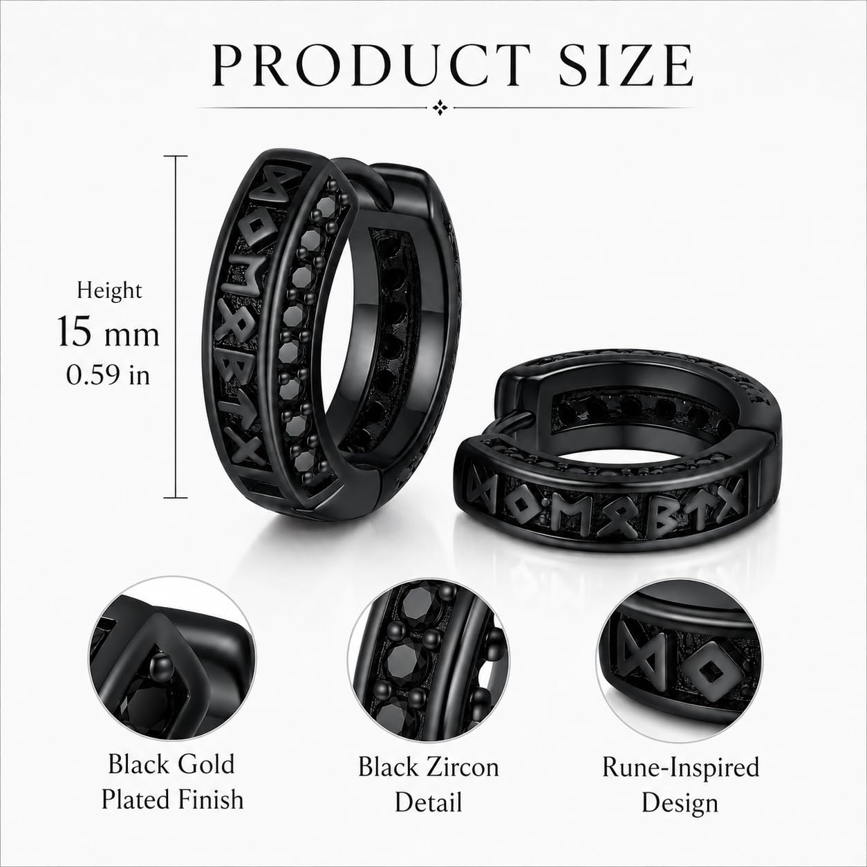 Pendientes de aro chapados en oro negro para hombre, diseño de runa vikinga