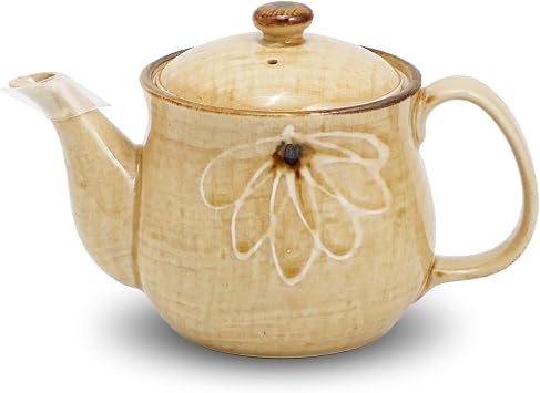 Mino Ware Japanese Teapot Ceramic Tea Pot with Hand-Painted Floral Design and Stainless Steel Strainer, 500ml 16.9 fl oz, Retro Glaze Finish