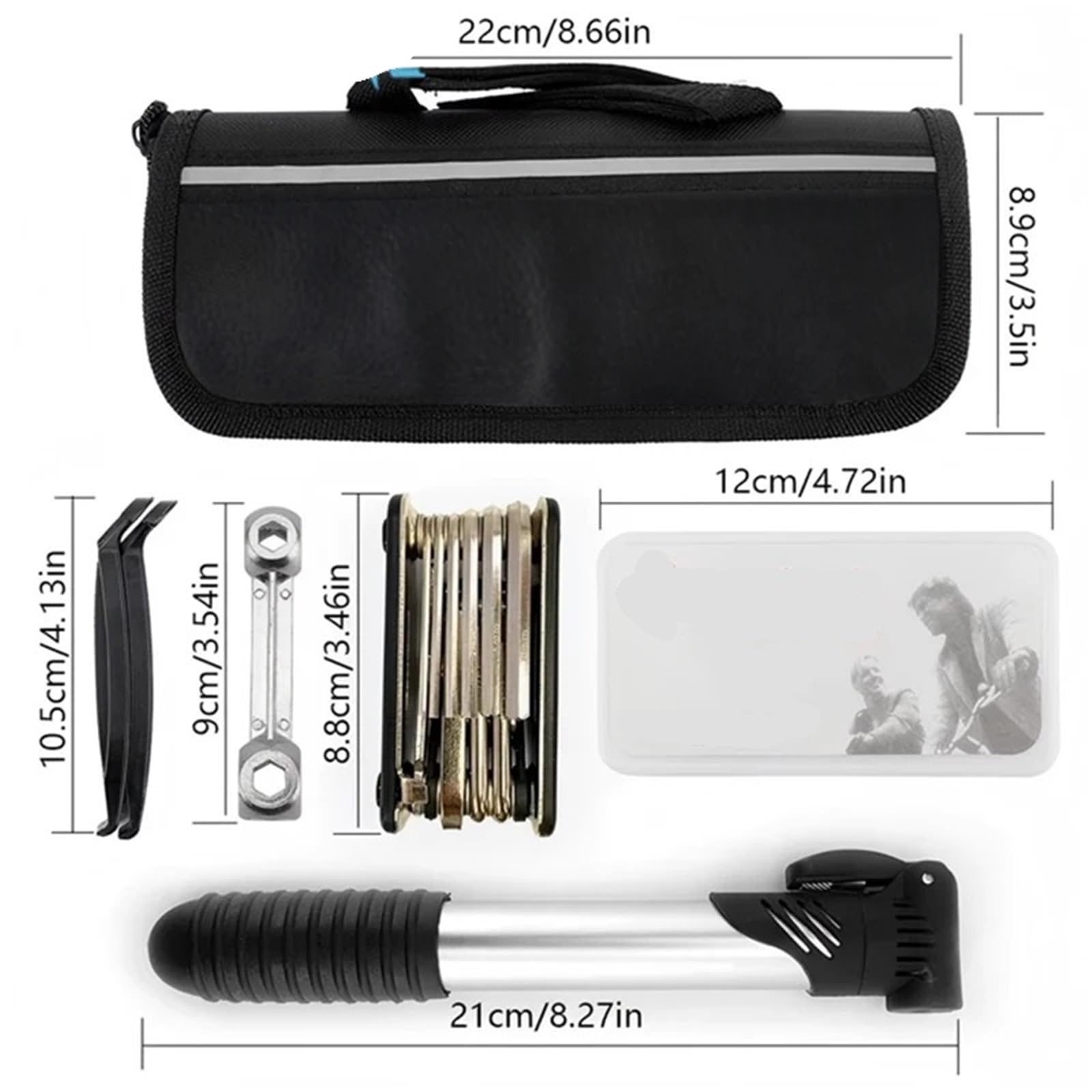 Generico Kit di Attrezzi for Riparazione Bici con Custodia, Toppa for Pneumatici for Pompa E Chiave Esagonale for La Manutenzione del Ciclismo All'aperto su Bici da Strada MTB