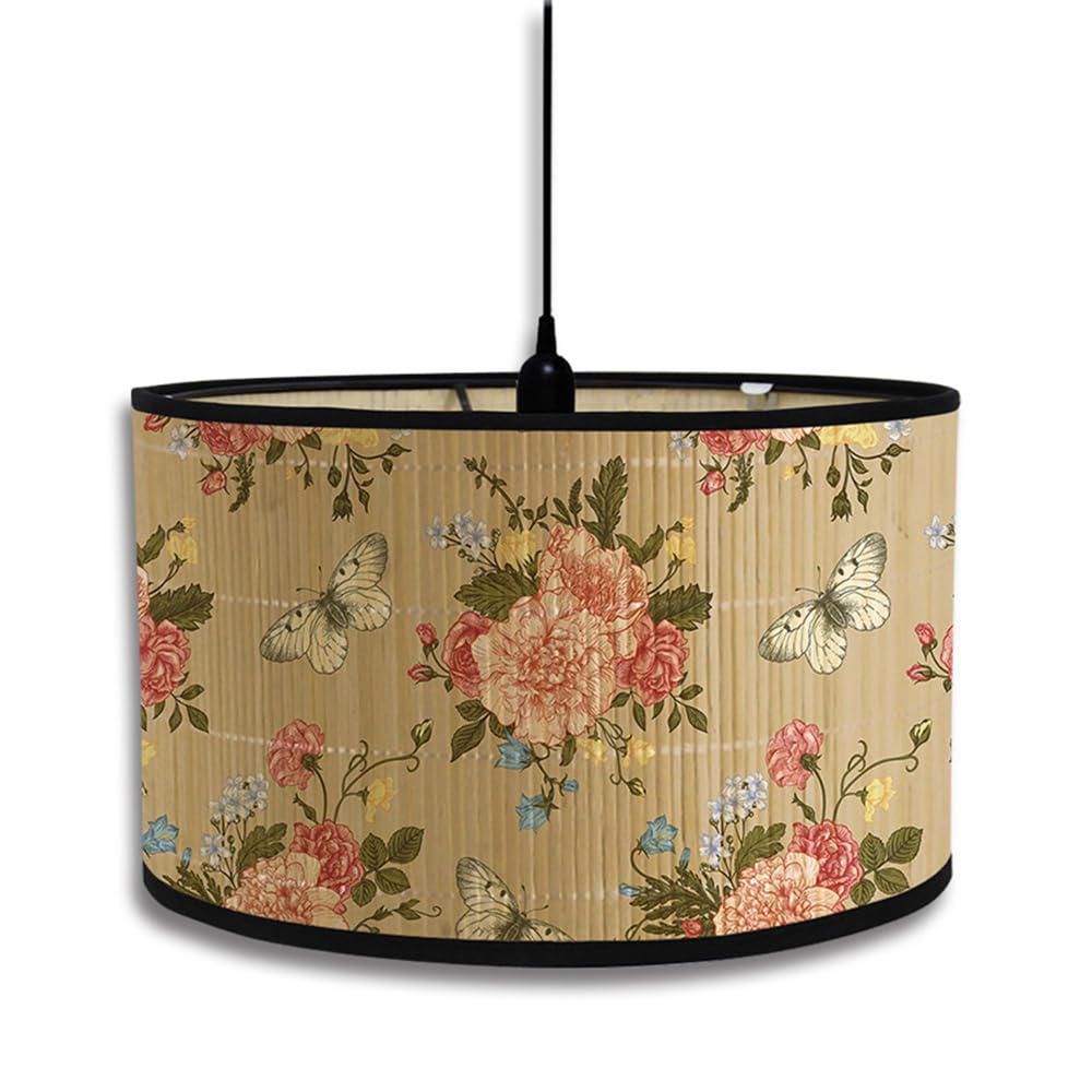 Morbuy Vintage Floral Bamboo Lampshade for Table and Floor Lamps - 30cm Drum Ceiling Pendant Shade for Wall and Bedside Lighting - Home Decorative (Butterfly)