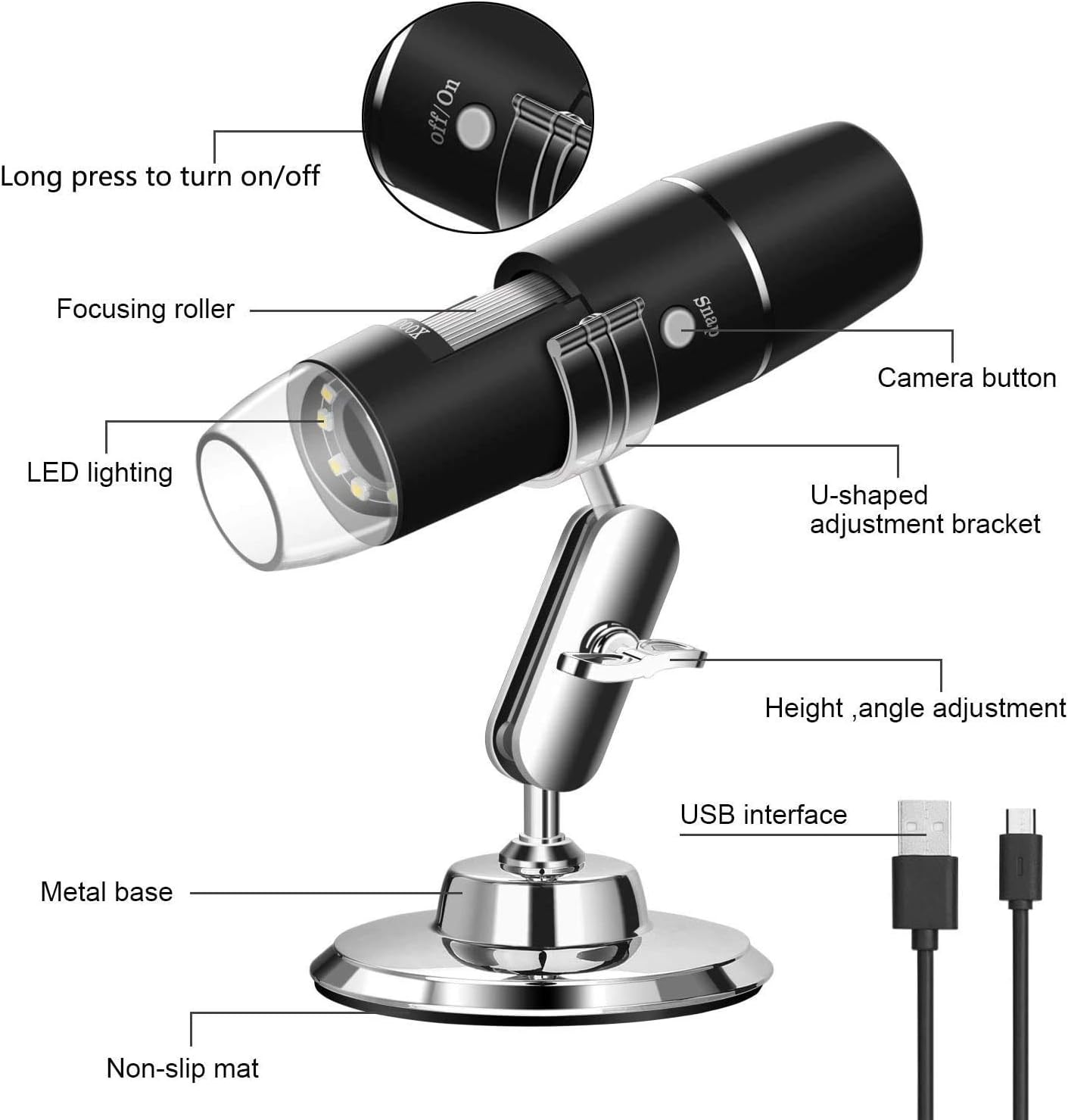 Labeled diagram of WADEO WiFi Digital Microscope components
