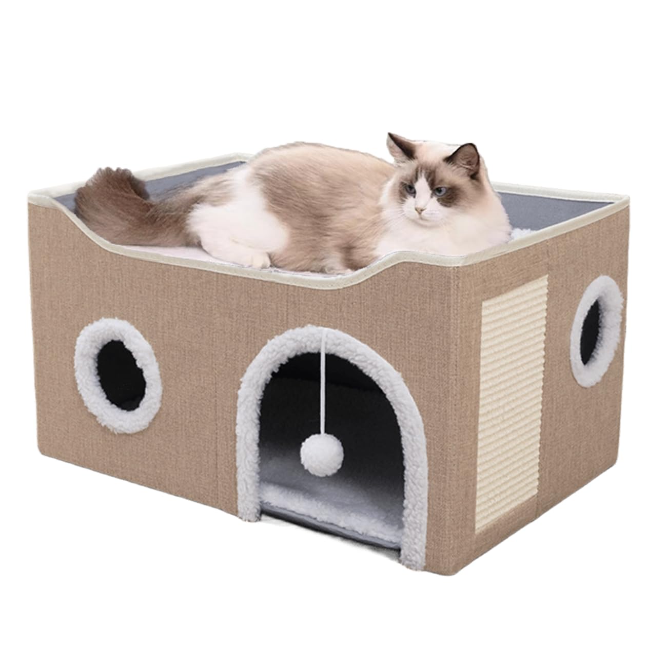 Cat Beds For Indoor Cats-Large Cat Cave For Pet Cat-Rattan Cat House With Cushion, Spherical Indoor Outdoor Cat House, Large Translucent Cat House With Cushion, 20.5X20.5X14inches