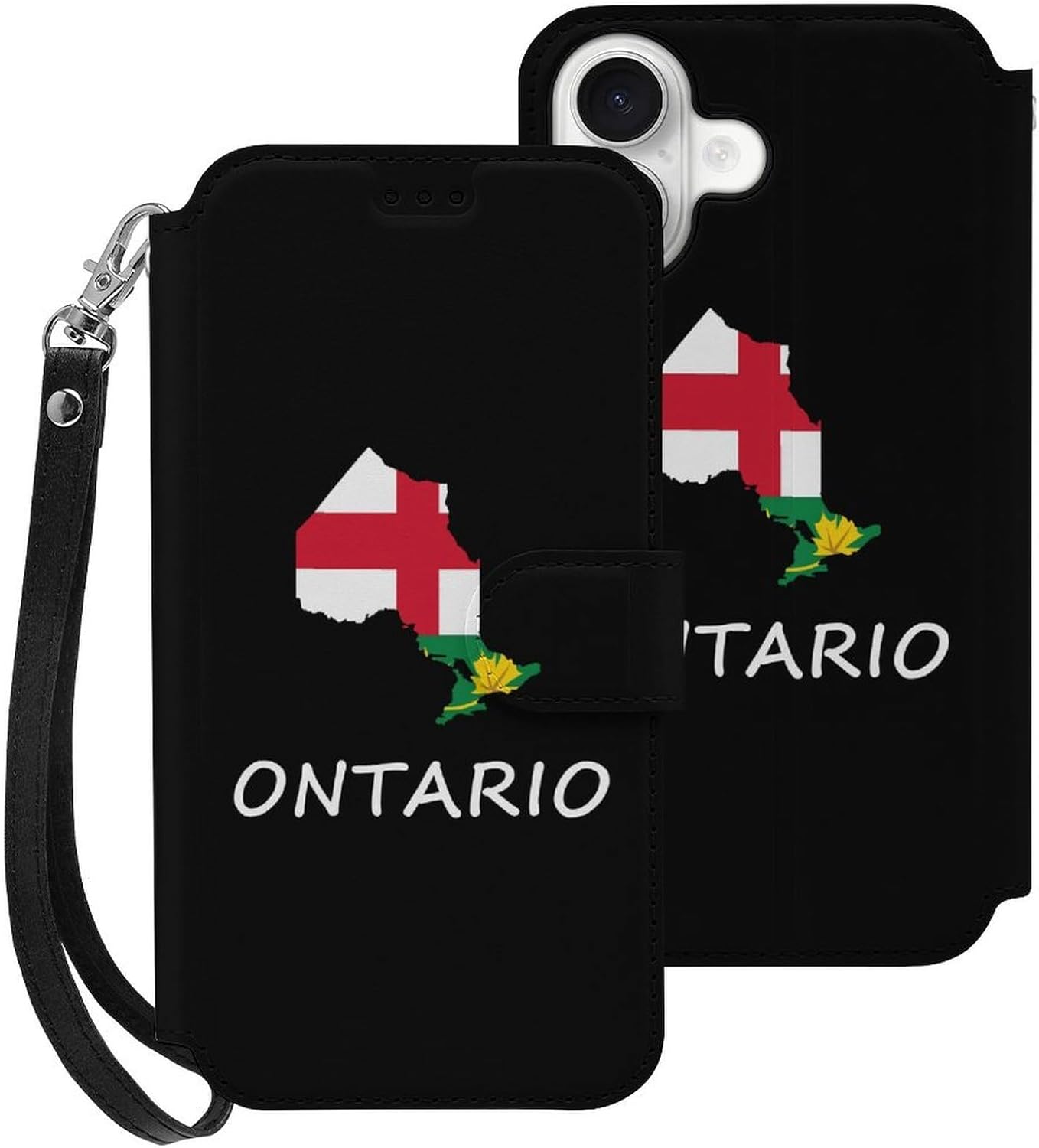 Ontario Flag Canada Canadian Compatible with iPhone 16/16 Plus/16 Pro/16 Pro Max/16 E Case Phone Wallet Card Holder Flip Cover with Wrist Strap