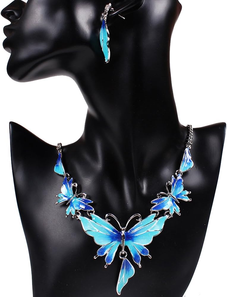 Girl Era Excellent 3D Enamel Butterfly V Pendant Collar Jewelry Bib Necklace Stud Earrings Set(blue)