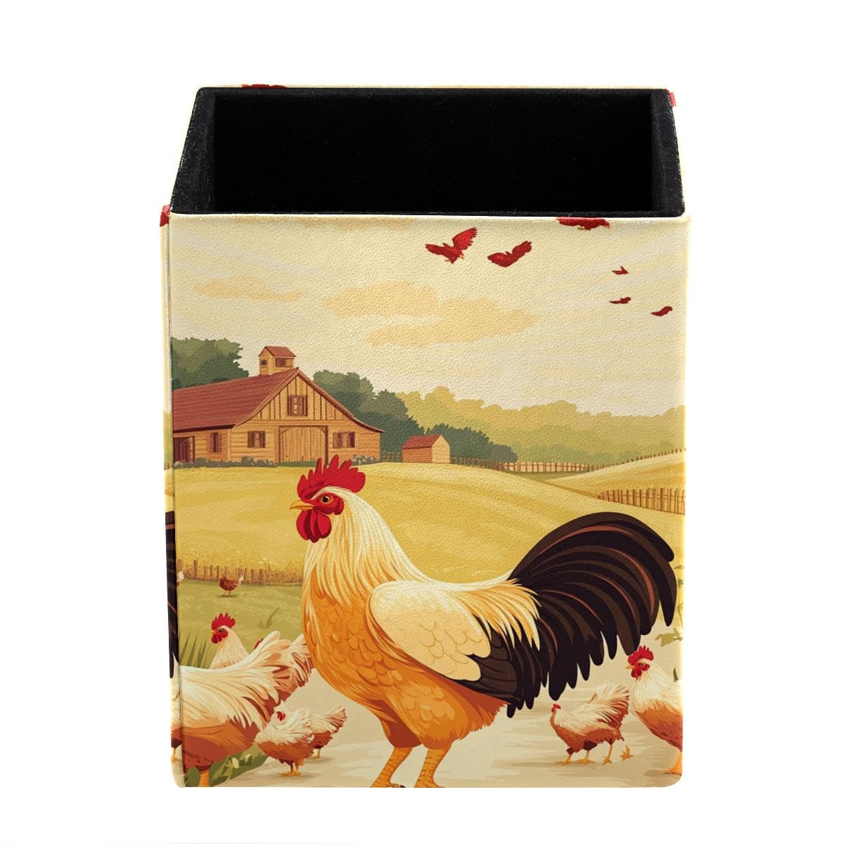 Chicken Rooster Framhouse Pen Holder Pen Pot, Square Pencil Cup for Desk