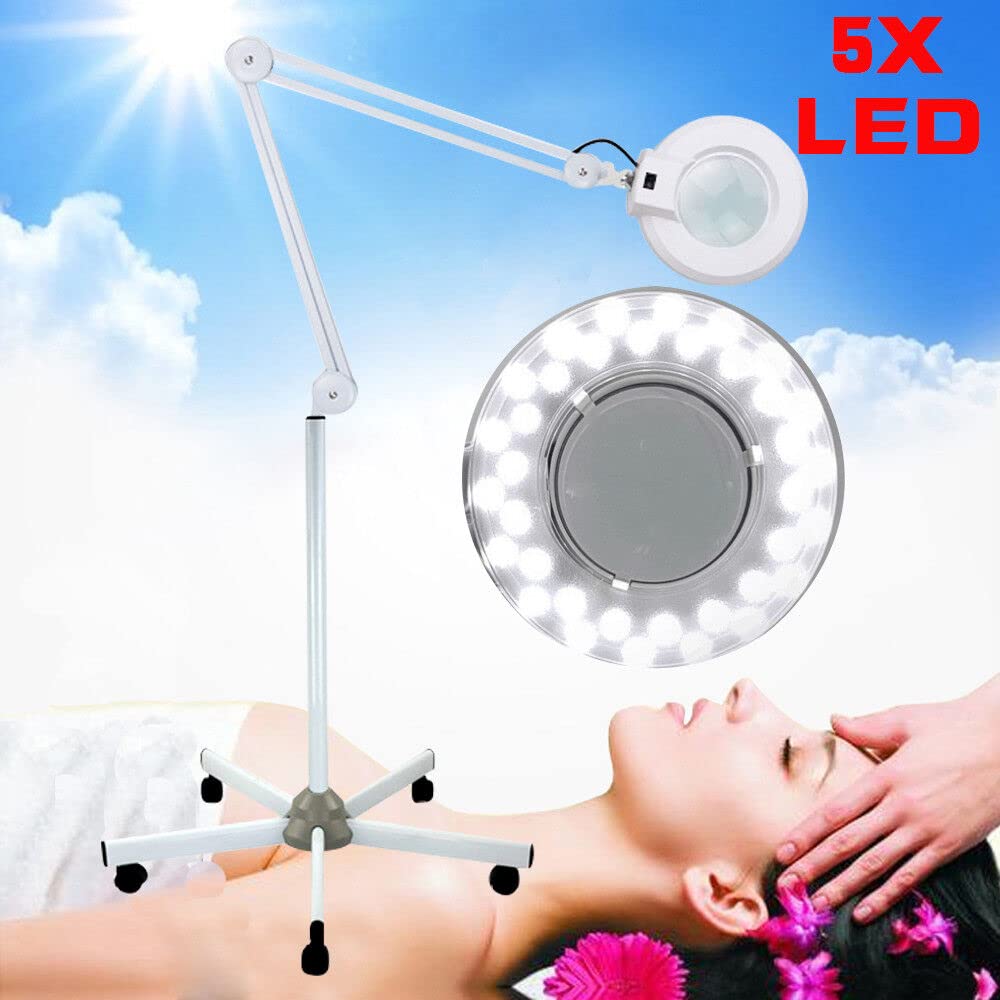 Lámpara de pie LED cosmética, 5 dioptres ptries, luz fría CE homologada ajustable lámpara de trabajo de 24 W, lupa sobre trípode, luz anular cosmética para estudio de belleza