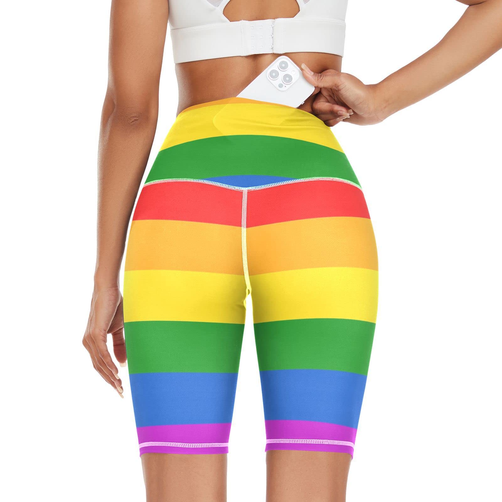 Linomo Women's High Waist Yoga Shorts, LGBT Gay Pride Rainbow Peace Love Workout Running Shorts Gym Cycling Shorts Yoga Leggings for Women Girls