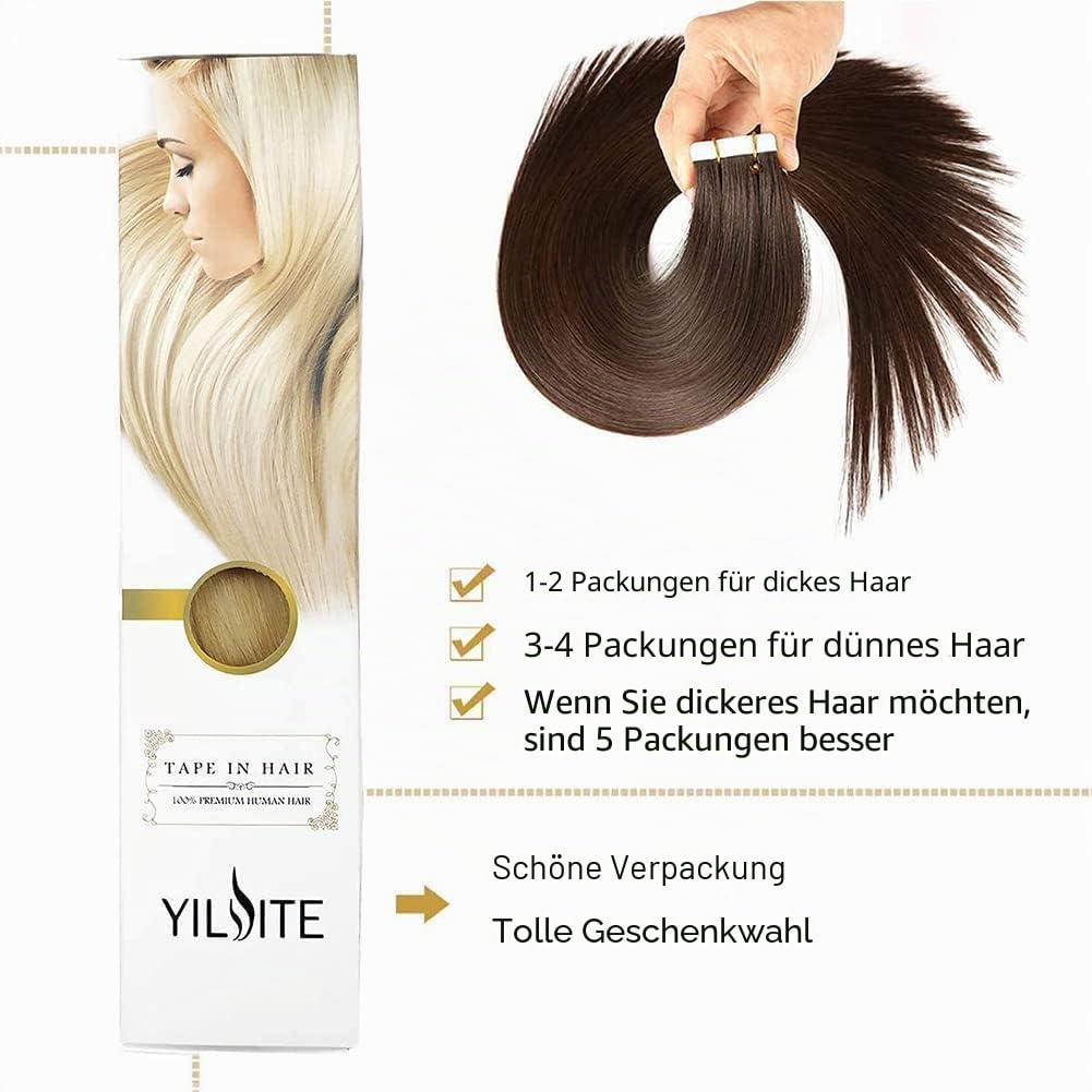 YILITE Tape in Extensions Echthaar 40cm Dunkel Braun Gerade Nahtlos Haut Schuss Tape in Haarextension Echthaar 20 Stück/Packung Tape in Remy Haarverlängerungen(40cm #2 Dunkel Braun)