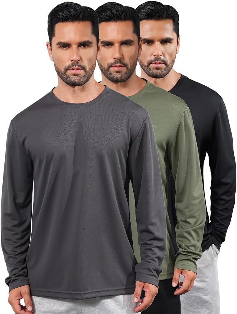 3 Pack Men's Long Sleeve Shirts Quick Dry Moisture Wicking Lightweight Sun Protection T Shirt for Running Outdoor Activities