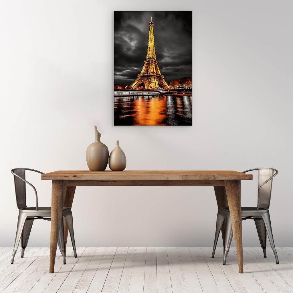 Canvas for Living room. Illuminated Majesty by the Seine: Paris' Eiffel Tower Glows Against the Night Sky, 27 x 18 inch Canvas Wall Art - Modern Home Decor