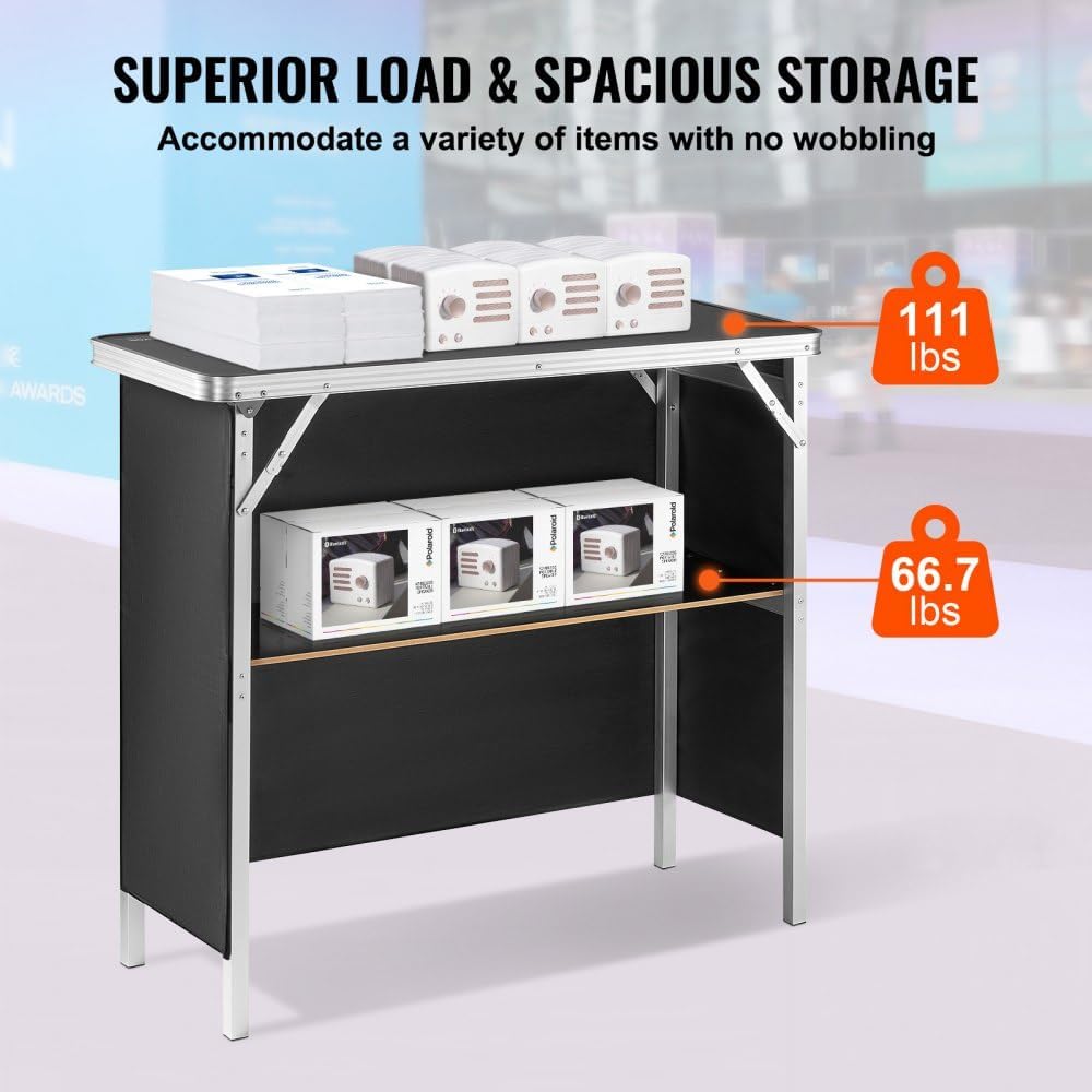 Folding Portable Bar Table with Carrying Case, Storage Shelf, and Black Skirt, 38.39" x 15.16" x 34.25", Ideal for Indoor, Outdoor, Party, Picnic, and Exhibition Use