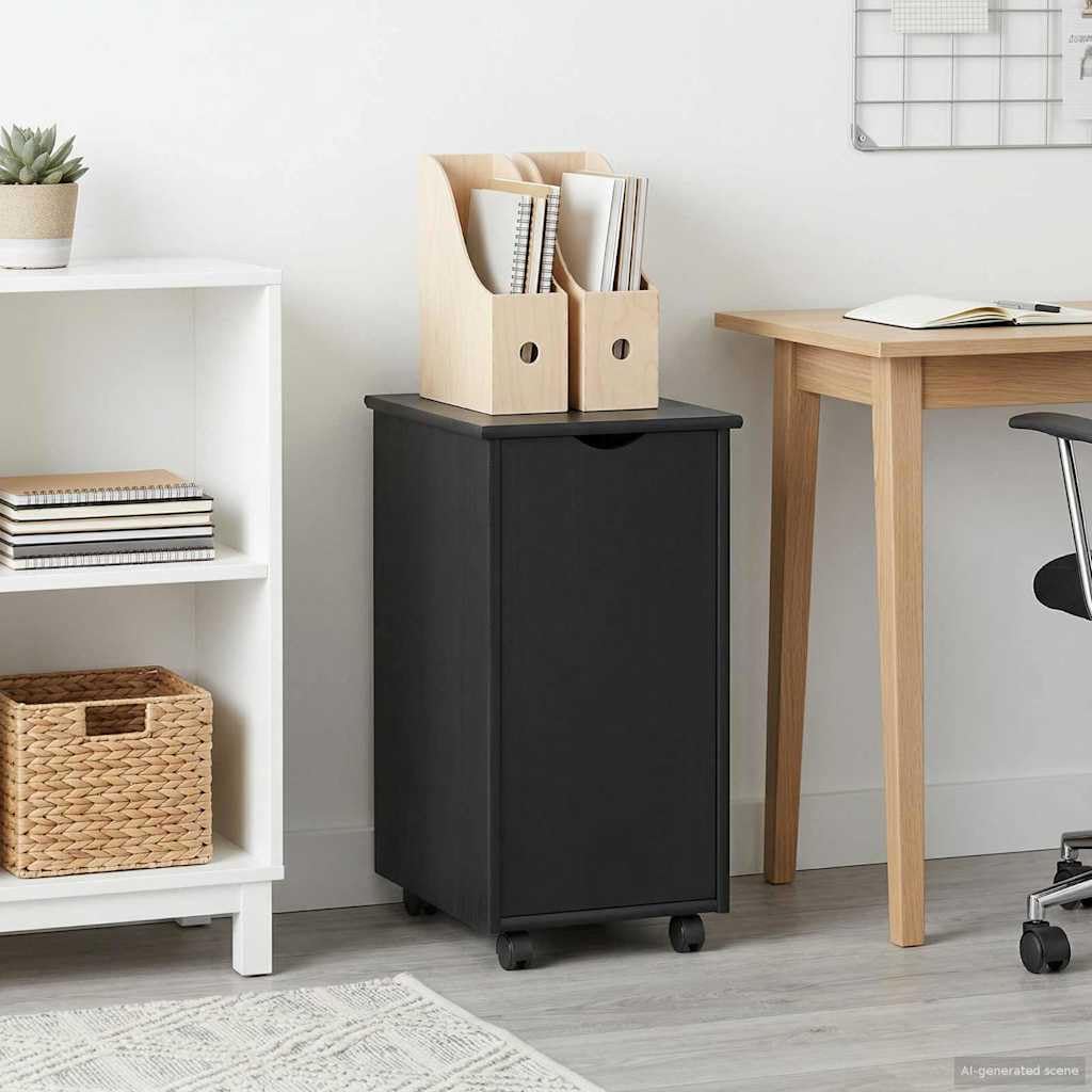 Armadio con ruote, nero, 34 x 39 x 65,5 cm, in legno massello di pino, cassettiera con ripiano, per ufficio, soggiorno, camera da letto, corridoio, officina, organizer