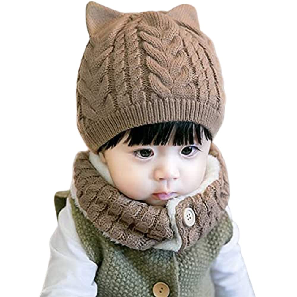 R&D Winter Beanie Cat Ear Kids Hat and Circle Scarf Set Thick Warm Ski Knitted Fleece Lined Skull Cap (Brown)-(Fit for 1 to 4 Years)
