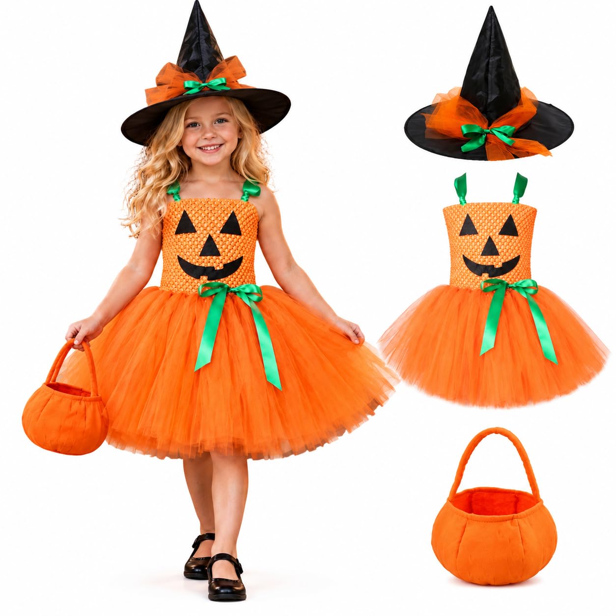 Kids Girls Halloween Pumpkin Costume Cute Sleeveless Tulle Dress and Headband Candy Bag Pumpkin Cosplay Party Outfit โ image 1