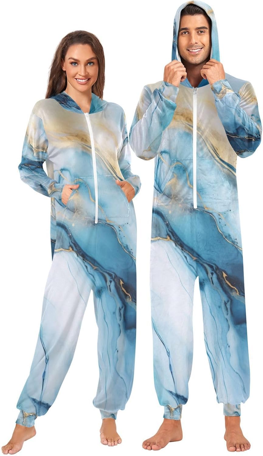 Blue Marble Gold Pattern Unisex Adult Onesie Pajamas Comfy One Piece Costume Jumpsuits Novelty Sleepwear Homewear for Men Women