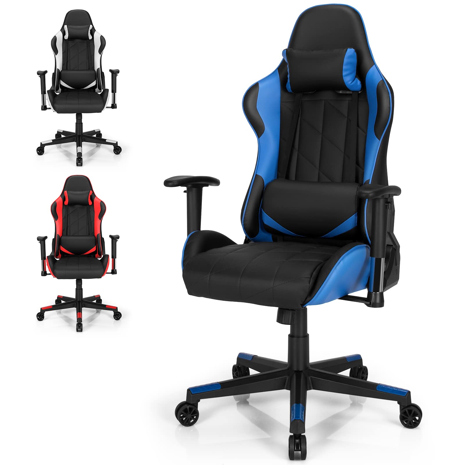 GIANTEX Chaise Gaming Ergonomique Réglable avec d'Appuie-Tête Oreiller Lombaire, Fauteuil Gamer avec Dossier, Siège, Accoudoirs Réglables, Charge de 150 KG (Bleu)