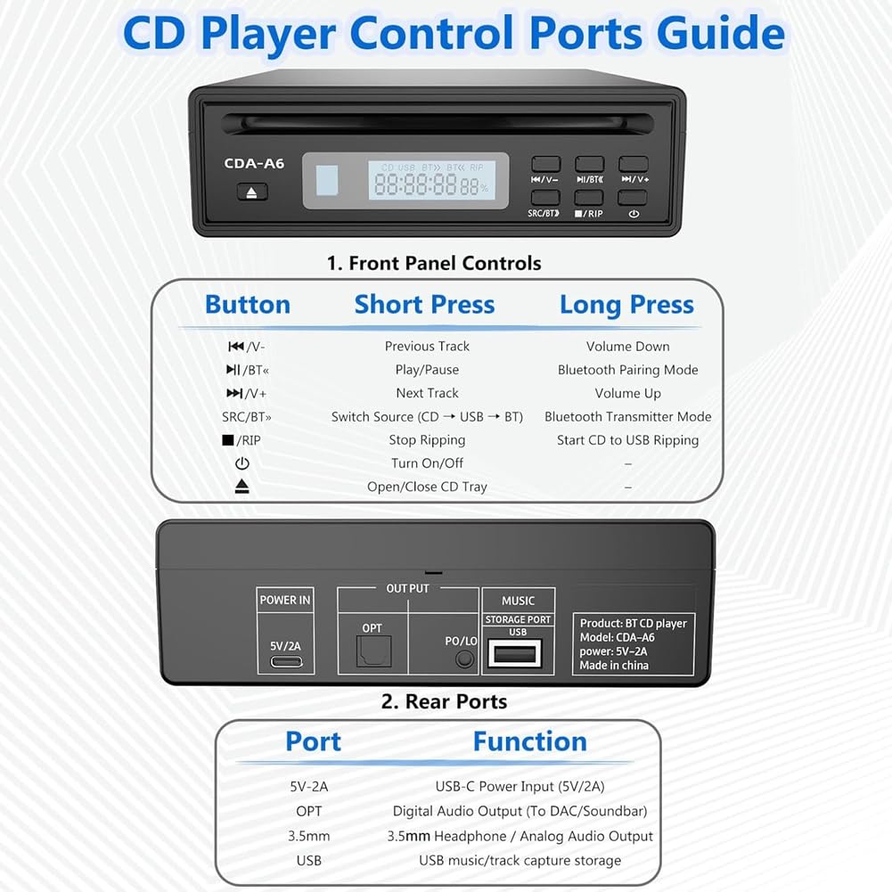 Jaywool Lettore CD a USB, lettore CD HiFi per la casa, lettore CD auto Bluetooth con ripping USB, lettore HiFi esterno, CD Ripper
