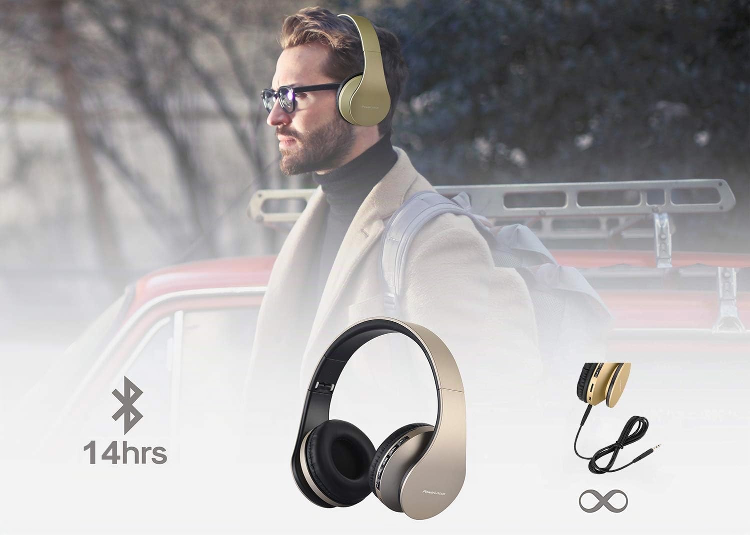 PowerLocus P1 – Auriculares Bluetooth inalambricos de Diadema Cascos Plegables, Casco Bluetooth con Sonido Estéreo con Conexión a Bluetooth Inalámbrico y Audio Cable para Movil, PC, Tablet - Oro