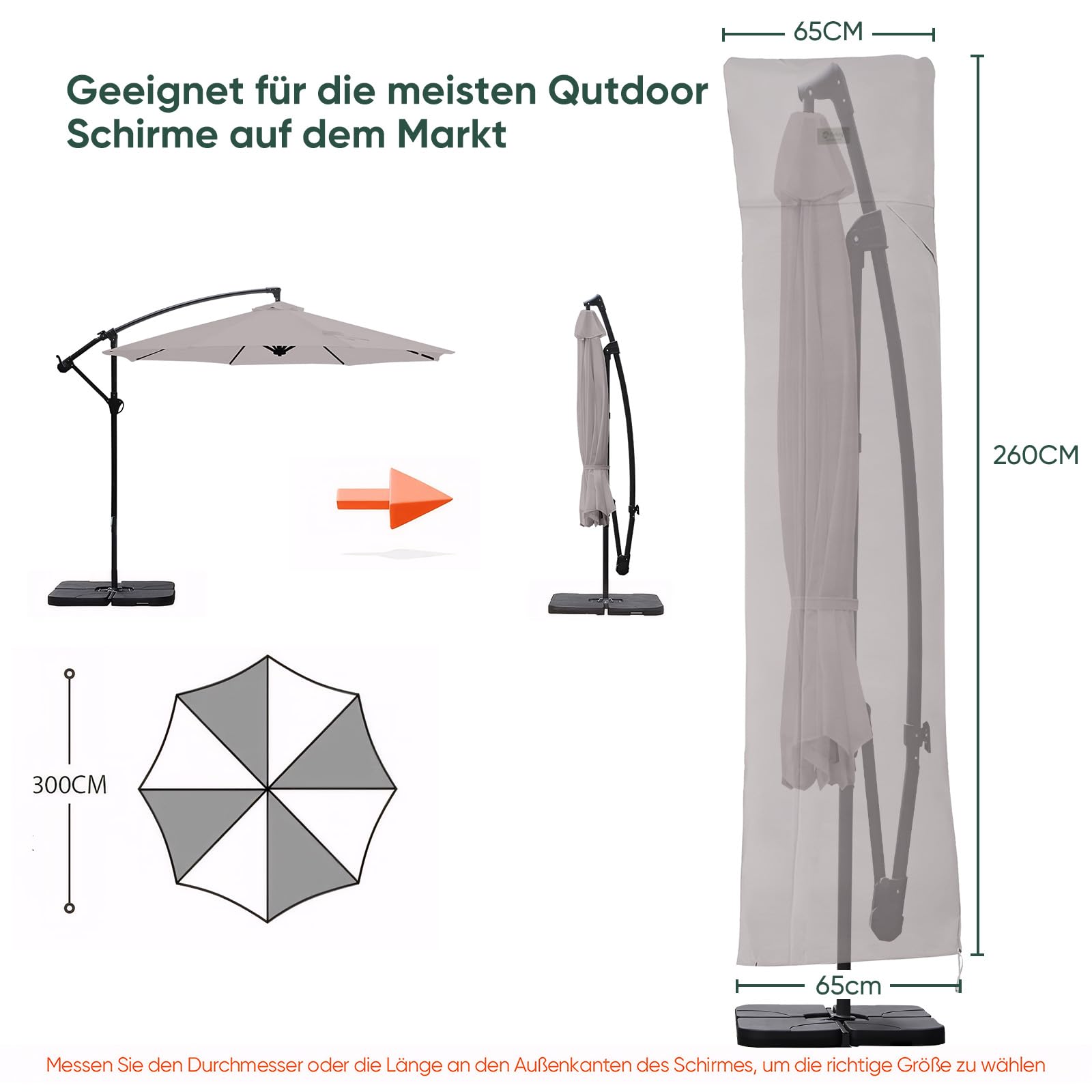 Sekey Sonnenschirm Schutzhülle für Ampelschirm,Abdeckhauben für Sonnenschirm, Reißfest, Grau, 260×65cm