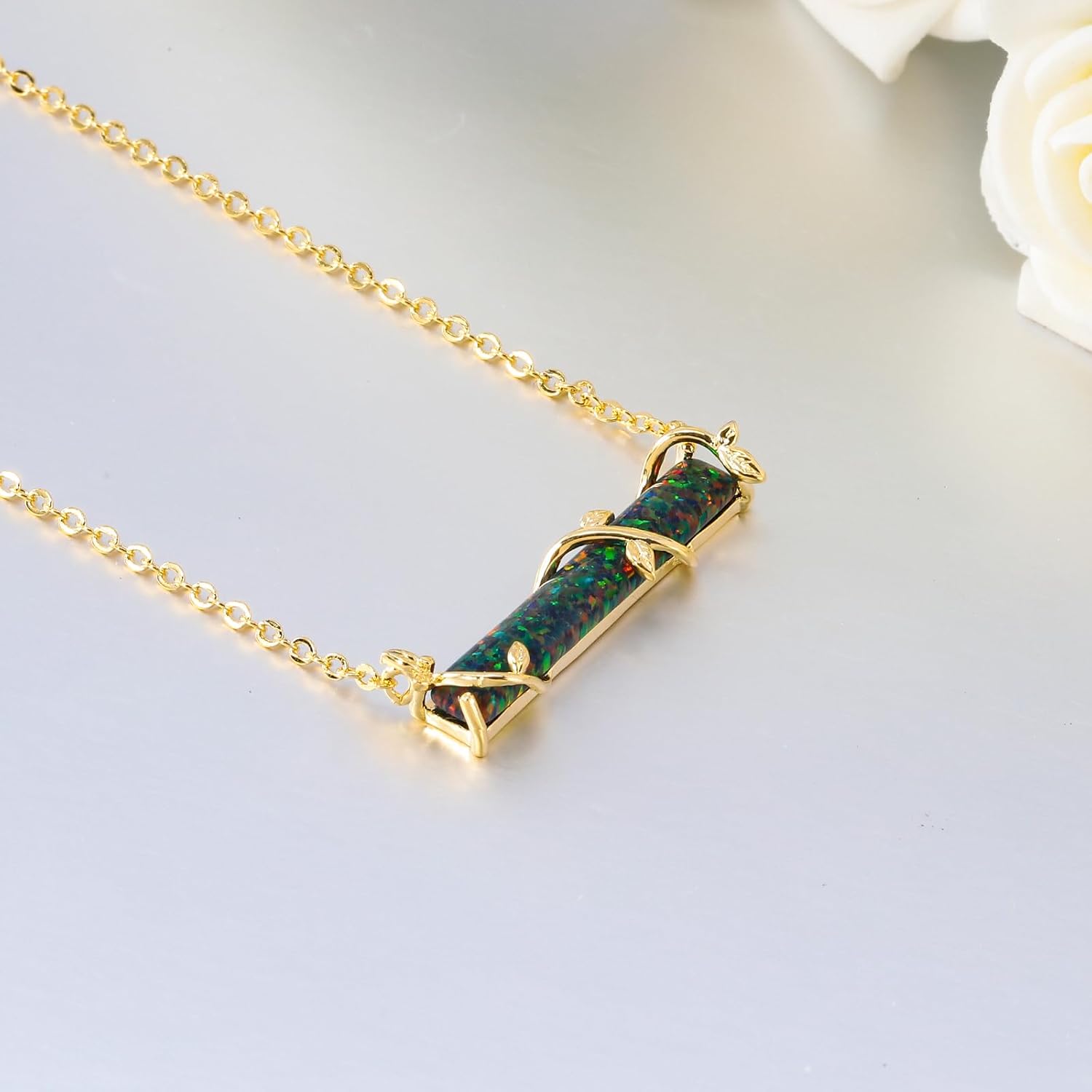 CiNily Bar Necklace Leaf Bar Pendant for Women Teen, Opal Pendant Necklace with Adjustable Chain White/Blue Opal Jewelry Gift, 14K White Gold | Yellow Gold - Image 6