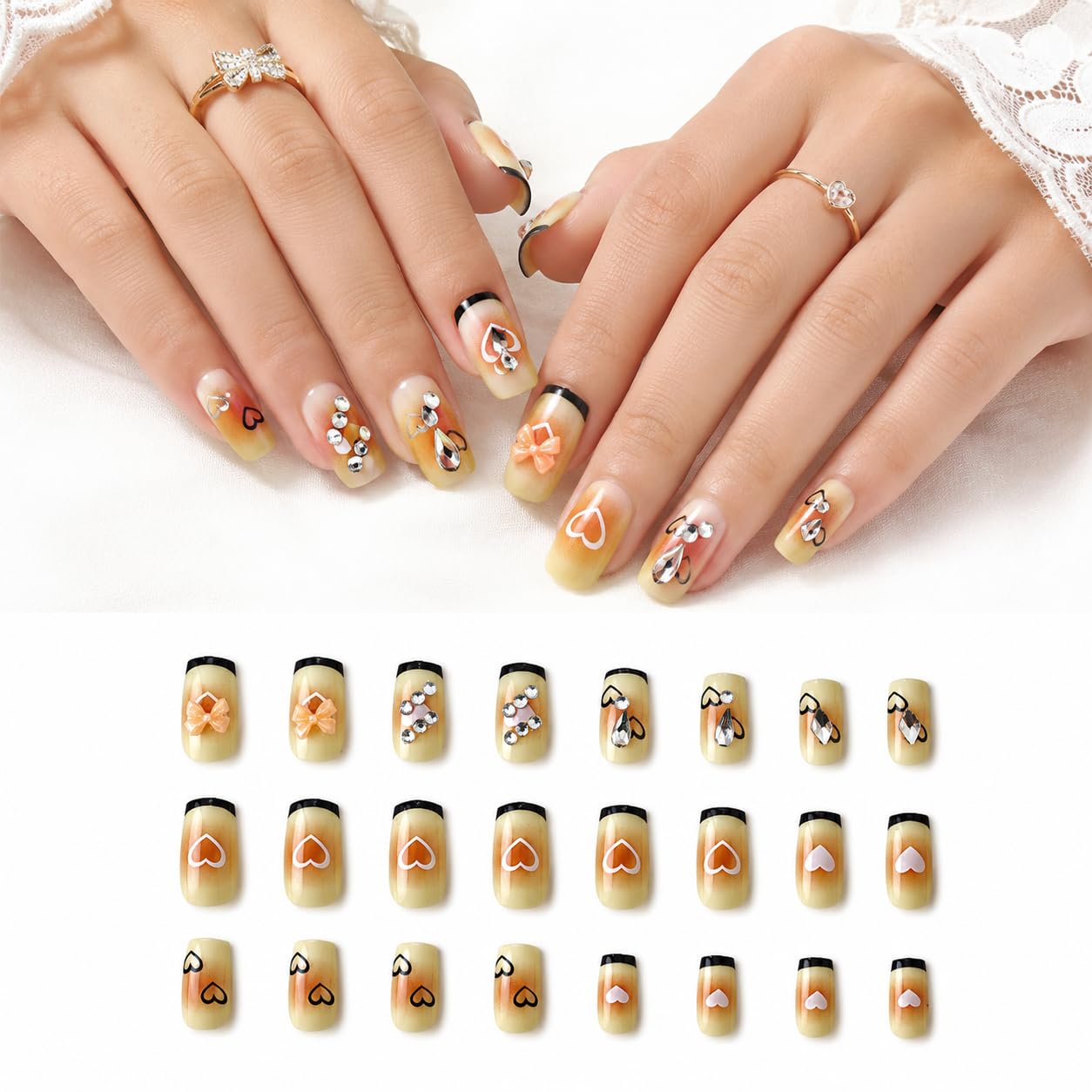 Glossy Press On Nails Blue Star Design | 24 Pcs Medium Coffin Artificial Nails with 3D Rhinestone Charms Reusable False Nail Kit with Adhesive Tabs for Women & Girls | Diy Apply (Ivory and Peach)