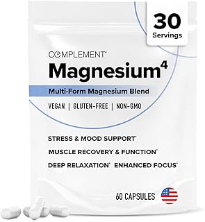 COMPLEMENT Magnesium- 4 Bioavailable Forms for Relaxation, Sleep, Muscle Recovery, Stress & Mood Support- Magnesium Malate, Taurate, Bisglycinate & Orotate- Gentle on stomach- 200mg, 60 Vegan Capsules