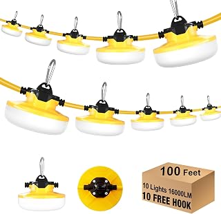 JC-LGL 100FT LED Construction String Lights 130W 16000LM 10 Bulbs Linkable 5000K IP65 Waterproof Job Site Lighting