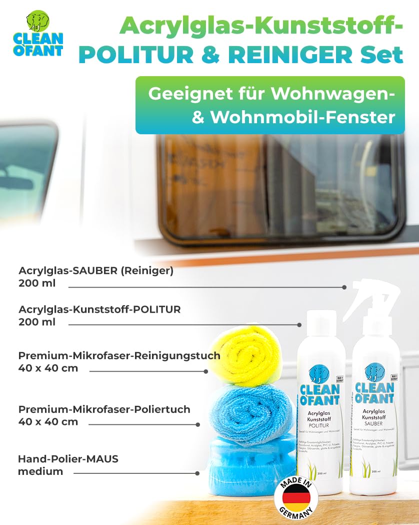CLEANOFANT Acrílico Plexiglás Pulido & Set de Limpiador - para Kunststoff-Fenster + Lichtkuppeln De Caravana Autocaravana Menaje del Hogar