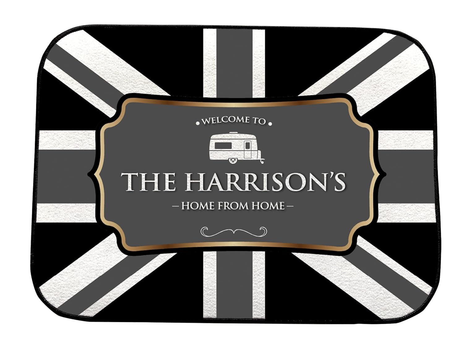 Personalised Caravan Mat - B&W Union Jack Caravan door Mat 44cm x 32cm
