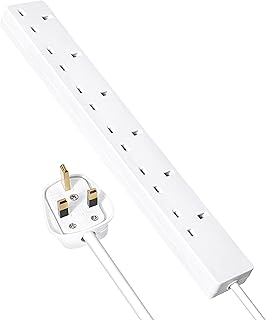 6 Way Multi Plug Extension Lead 10m Power Strip - 6 Socket Extension Cord 10 Meter - 6 Gang UK Mains Electric Power Long Extension Cable - White