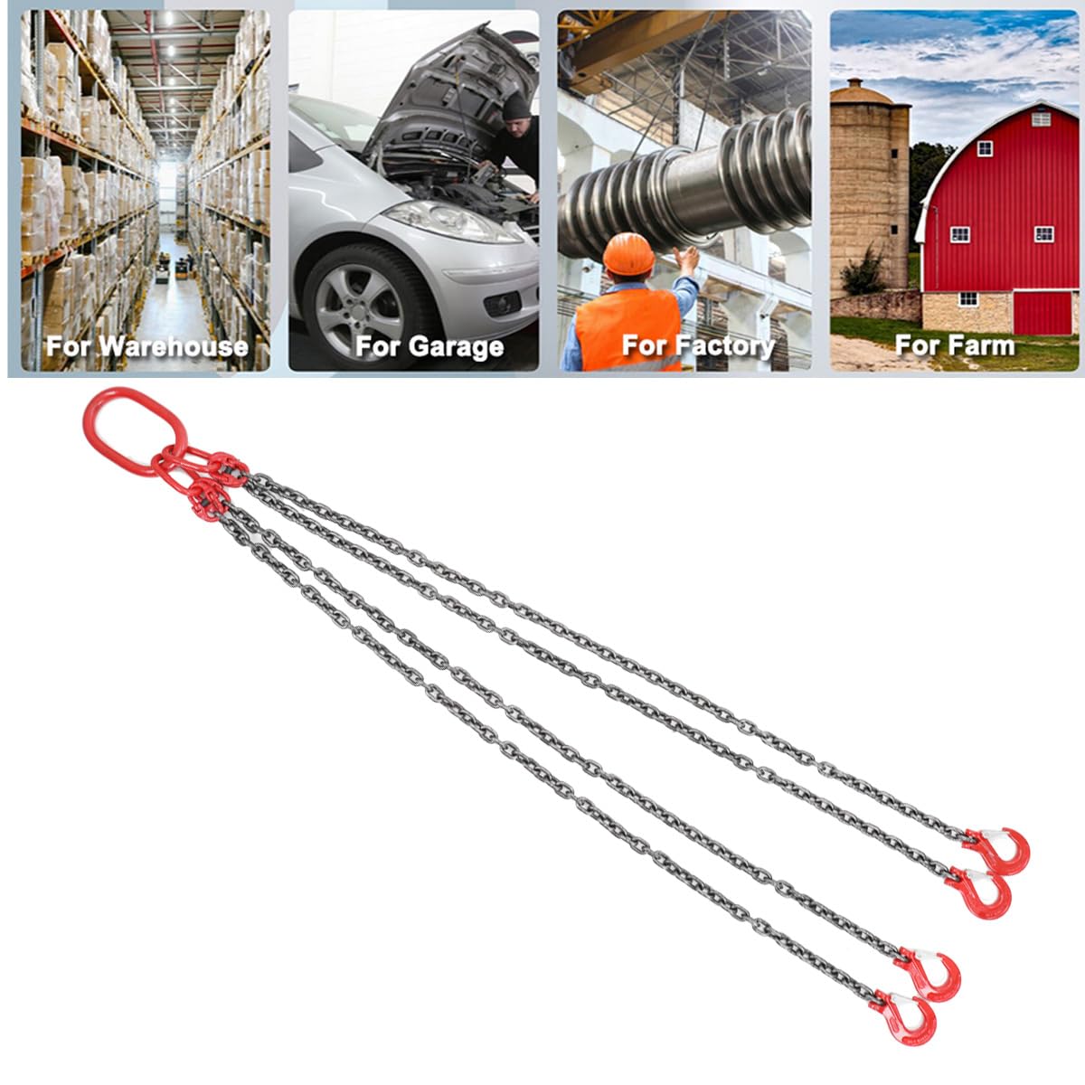 Catena di Sollevamento Industriale a 4 Fili, Imbracatura con Ganci per Appendere Carichi, Lunghezza 1.5 m, Portata Massima 5 Tonnellate