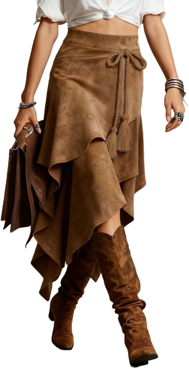 Western Cowgirl Skirt for Women Renaissance Asymmetrical Long Skirt Vintage Flowy Boho Ruffle Casual Fashion Skirts