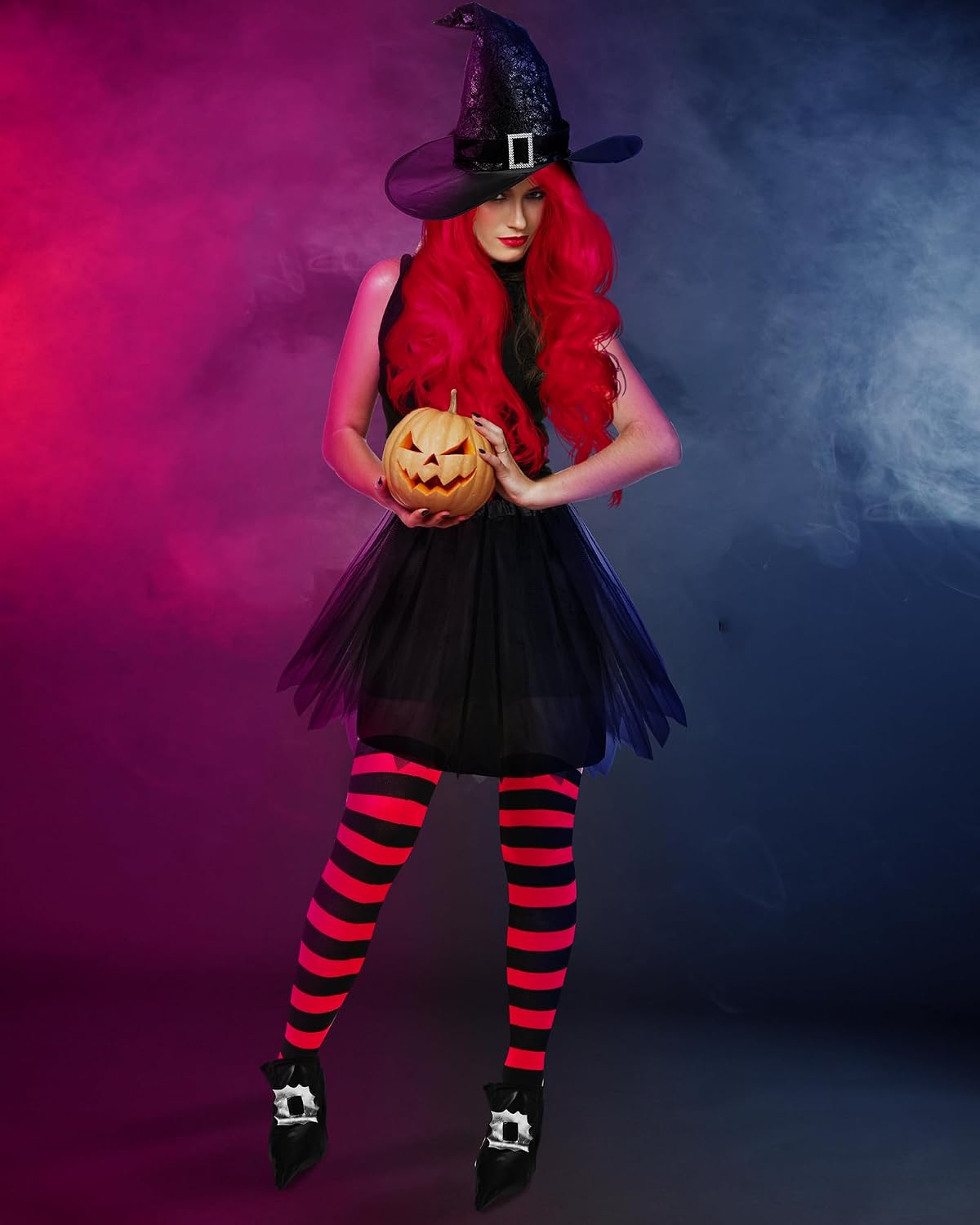 Panitay Halloween Witch Cosplay Costume for Women Witch Hat Tutu Skirt Striped Tights Curly Wig Shoe Covers(Black,Red)