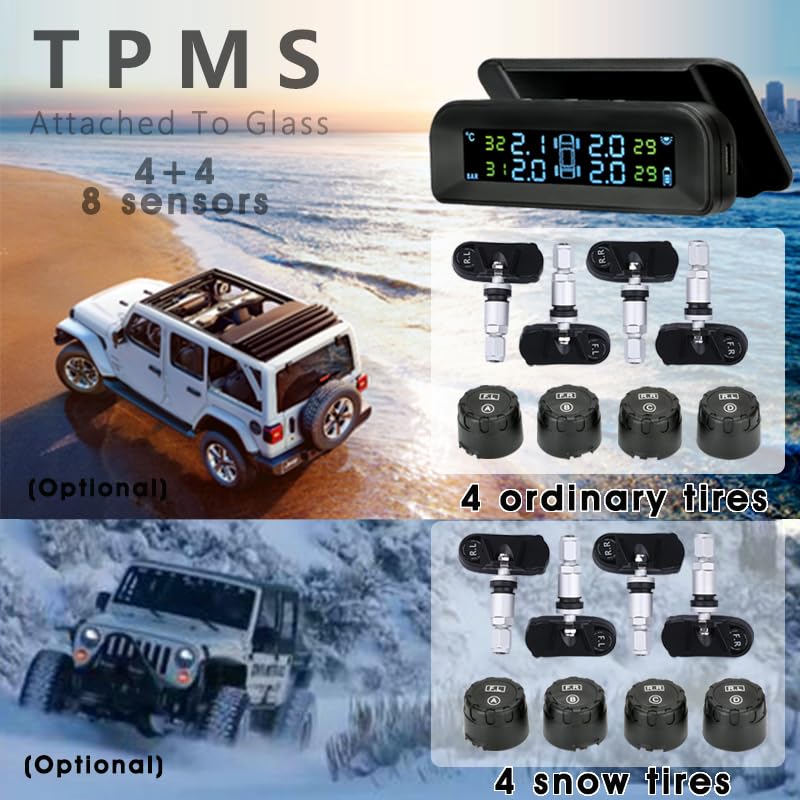 Tpms Sistema di monitoraggio della Pressione dei Pneumatici for Auto Wireless, Carica Solare, misuratore, Display in Tempo Reale attaccato al Vetro(External sensors)