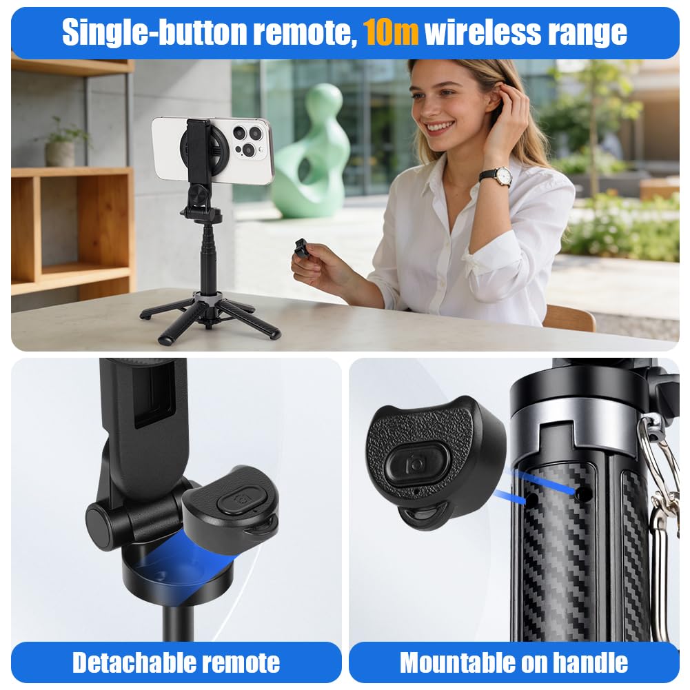 Ainiv Magnetyczny statyw na telefon komórkowy, 4 w 1, statyw do selfie, obracany o 360°, stojak na telefon z bezprzewodowym pilotem zdalnego sterowania, składany stojak na telefon komórkowy