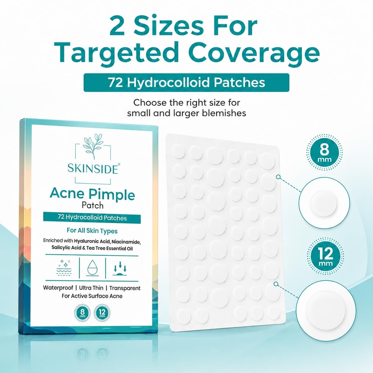 Skinside Acne Pimple Patches with 1.5% Salicylic Acid for Face Pimples | Hydrocolloid Facial Patches for Pimple Healing | Invisible Waterproof Absorbs Excess Oil & Pimple Overnight (72 Patches) 1