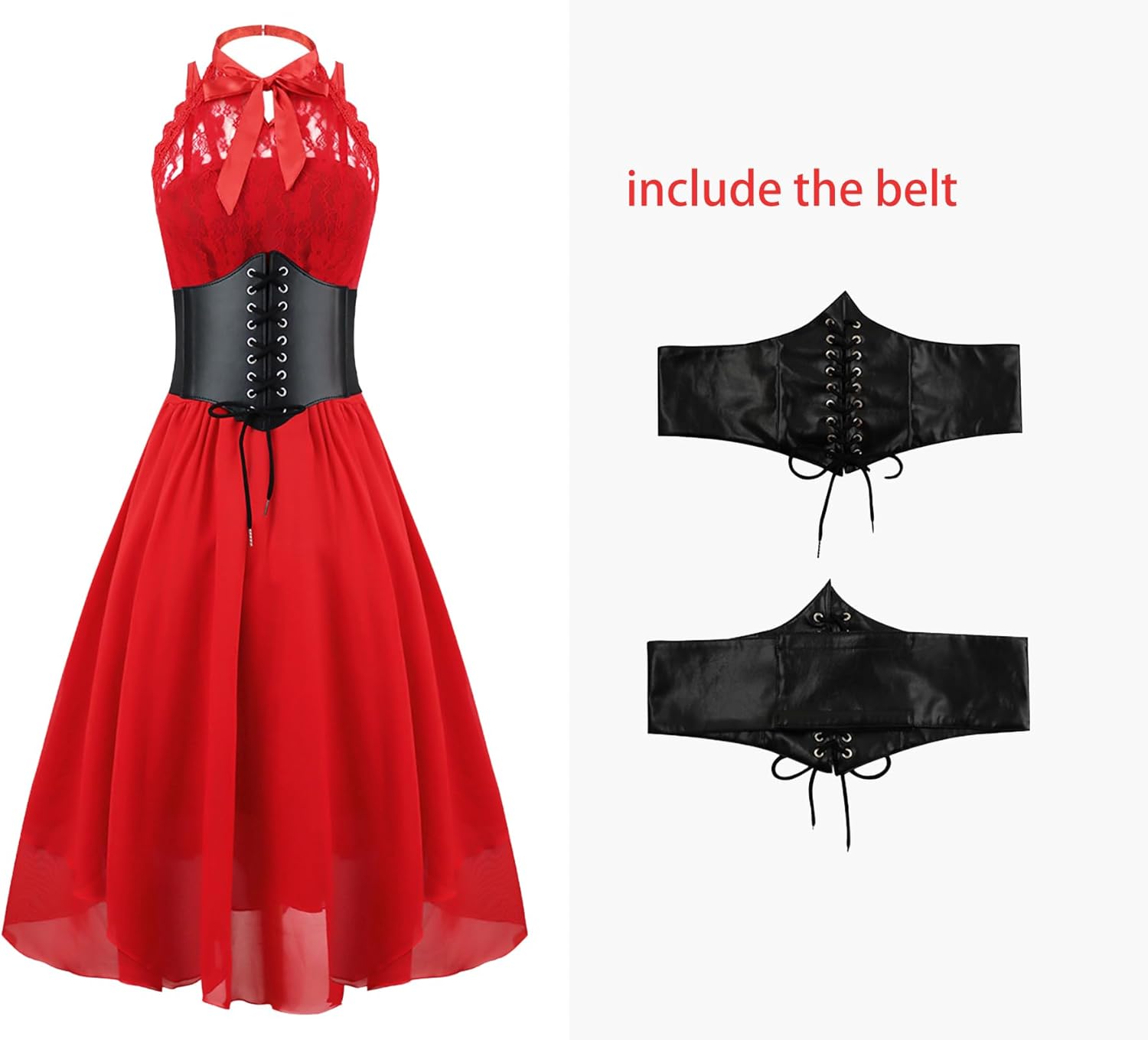 GOLDSTITCH Women's Sleeveless Gothic Lace Dress with Corset Halter Lace Swing Cocktail Dress - Image 4